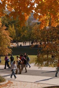 Students walking to class in the fall.