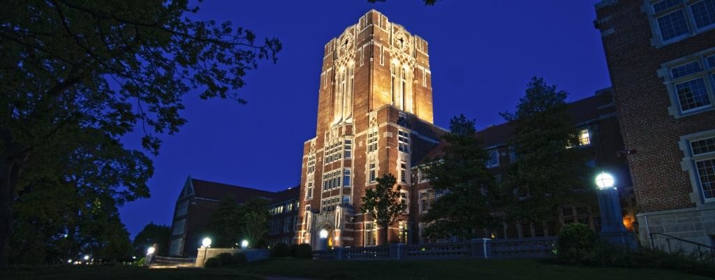 Ayres Hall at night with tower light from front side.